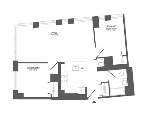 Floor plan for 2 beds, 1 bath, 966 sqft